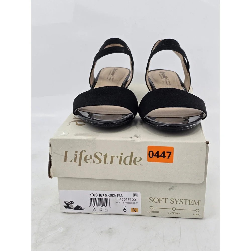 LifeStride Yolo Wedge Sandals Womens 6N Black Elastic Strappy Open Toe -New